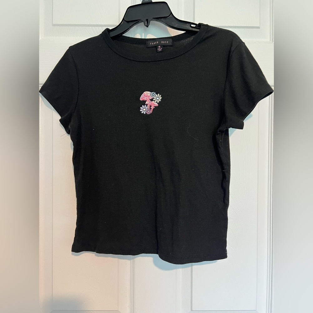 Girls size Large Faded Rose  black ribbed mock turtle neck with mushrooms.